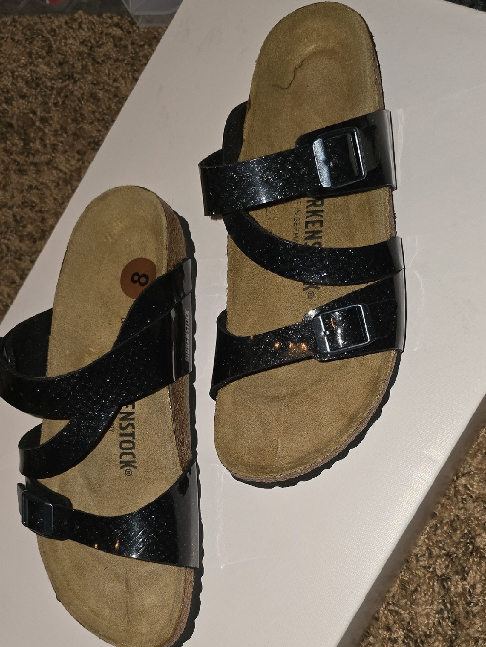 Birkenstock Black Glitter Two-Strap Sandals with Buckles